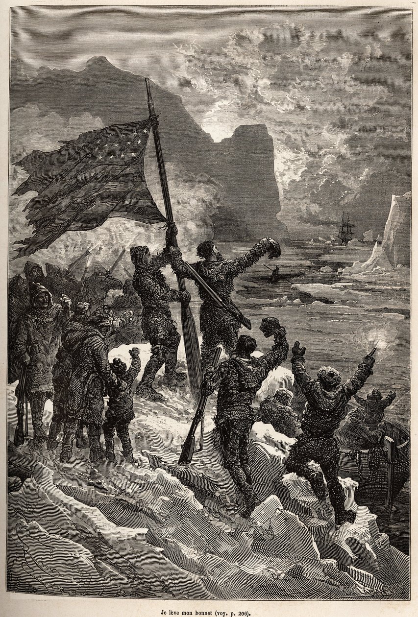 Tysons besättning, efter flera dagars drivande på ett isberg, såg äntligen en valfångare och viftade med den amerikanska flaggan för att ses och räddas, graverad efter en teckning av E.Riou, som illustrerar historien om Polaris, isflotten, av löjtnant Tyso av Edouard Riou