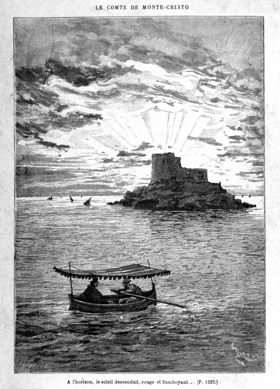 Segling till ön - Gravyr av Riou, i "" Greven av Monte-Cristo"" av A. Dumas, ed. Jules Rouff & Cie av Edouard Riou