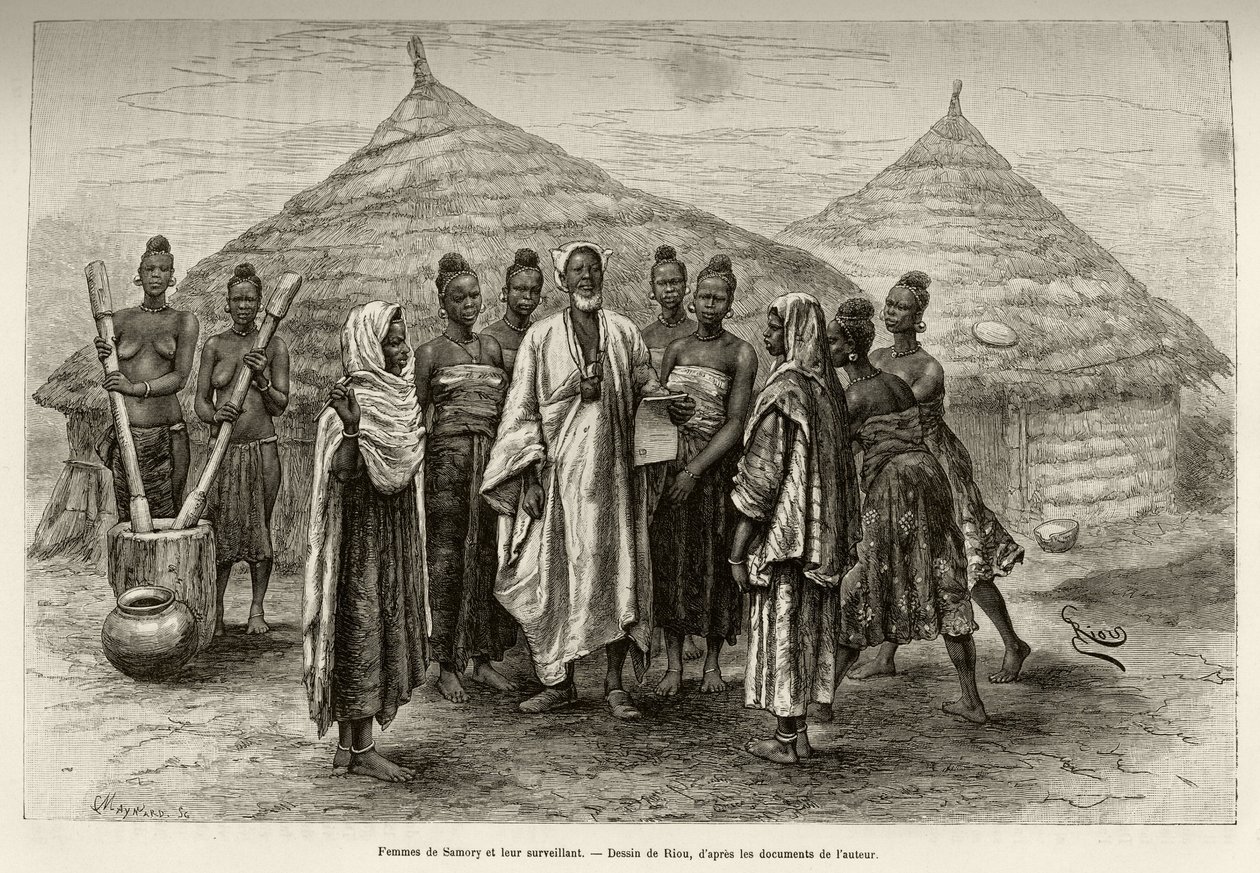 Women of Samory Toure (cirka 1835-1898) krigschef för Niger-slingan och deras handledare, Sonninke, som vet hur man läser och skriver arabiska, vilket framgår av papperet han håller i handen. Gravyr av Riou, för att illustrera berättelsen "" Från Niger til av Edouard Riou
