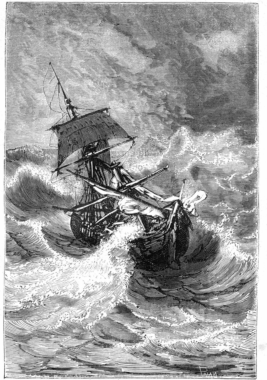 vinjett av Jules Vernes bok "The Children of Captain Grant, Journey Around the World", 1867 av Edouard Riou