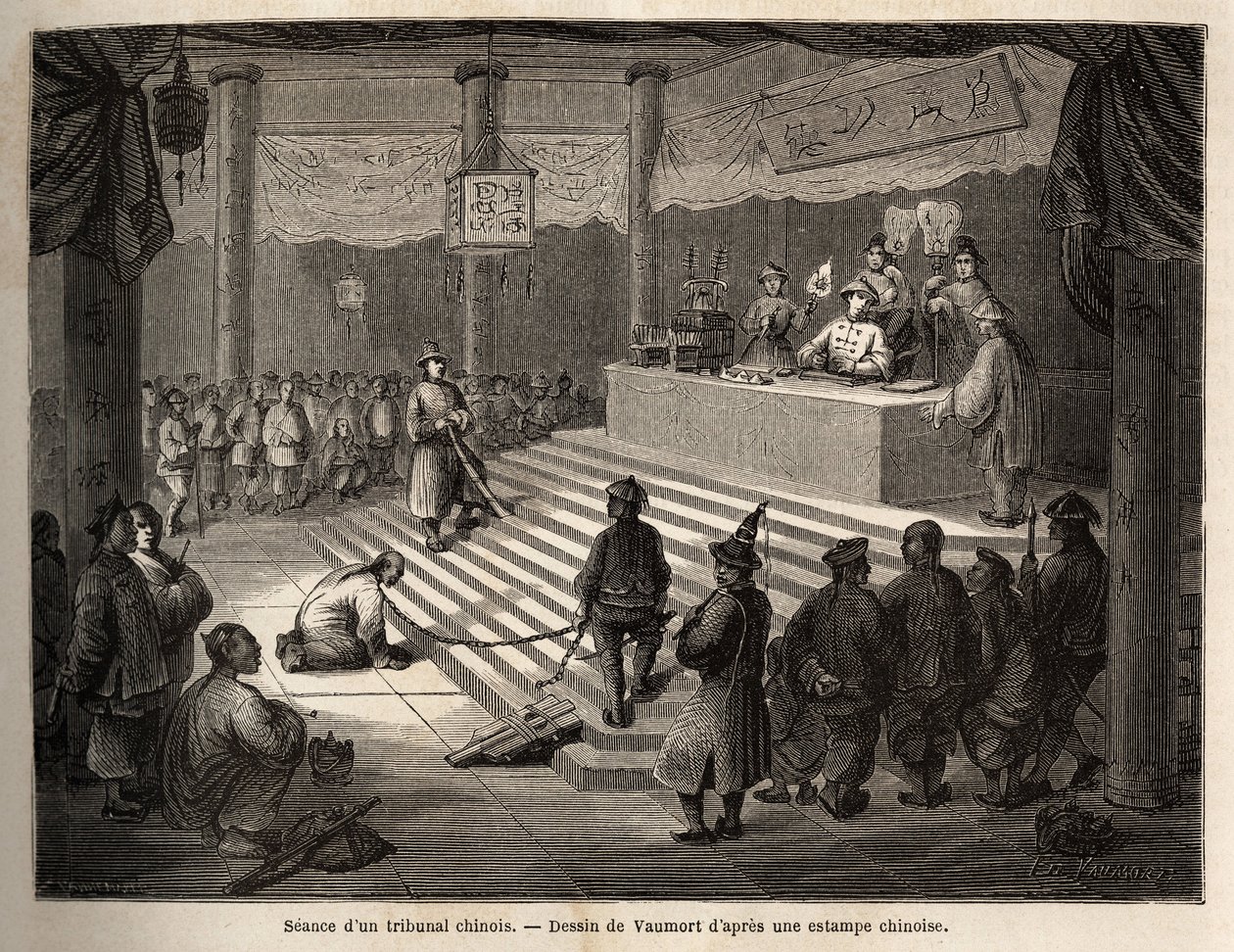 En kinesisk domstol, den anklagade uppträder vid domstolen omgiven av en gendarm som håller honom kedjad och hans slaktare, teckning av Vaumort (? -1886), för att illustrera resan från Shanghai till Moskva, från 1859 till 1862, av M. de Bourboulon. , frans av Edouard Vaumort