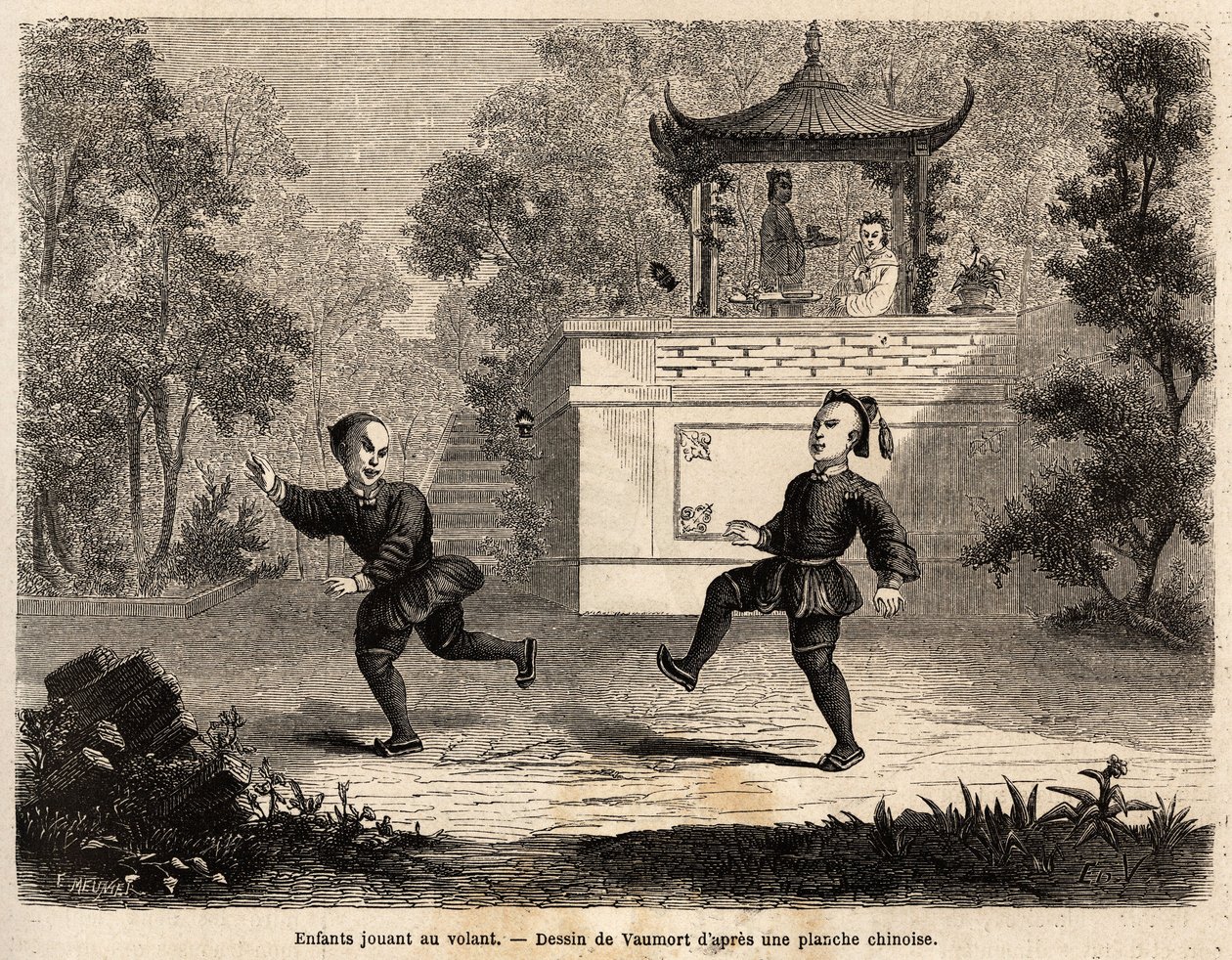 Kinesiska barn som leker vid ratten (läderboll, tungmetallringar och implanterade 3 långa fjädrar), under överinseende av sin mor, ritning av Vaumort (? -1886), för att illustrera resan från Shanghai till Moskva, från 1859 till 1862, av M. de Bourb av Edouard Vaumort
