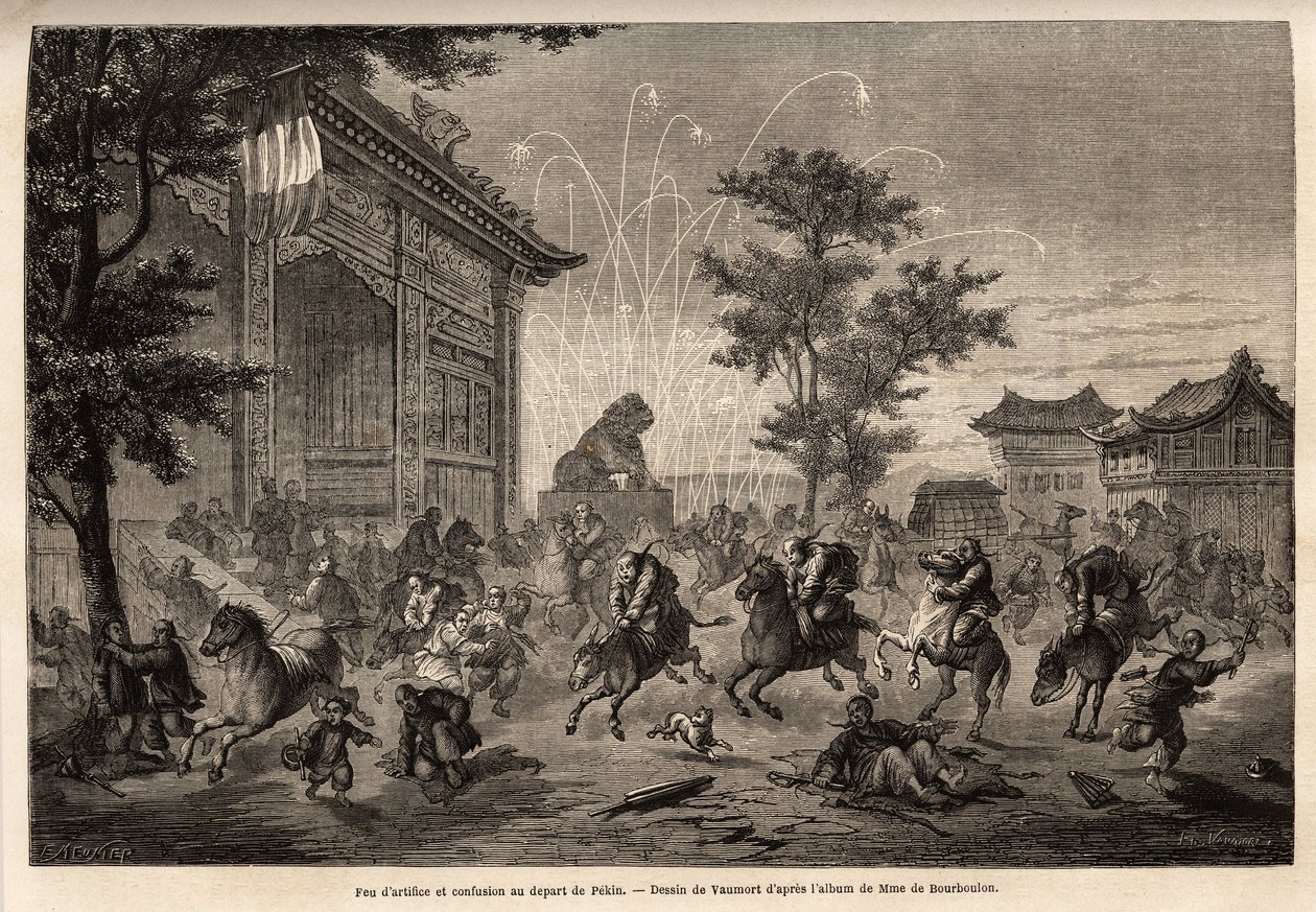 Fyrverkerier i Pekin och förvirring av besättningen på den franska legationen vid avresan till Mongoliet. Teckning av Vaumort (? -1886), för att illustrera resan från Shanghai till Moskva, från 1859 till 1862, av M. de Bourboulon, fransk minister till Kina av Edouard Vaumort