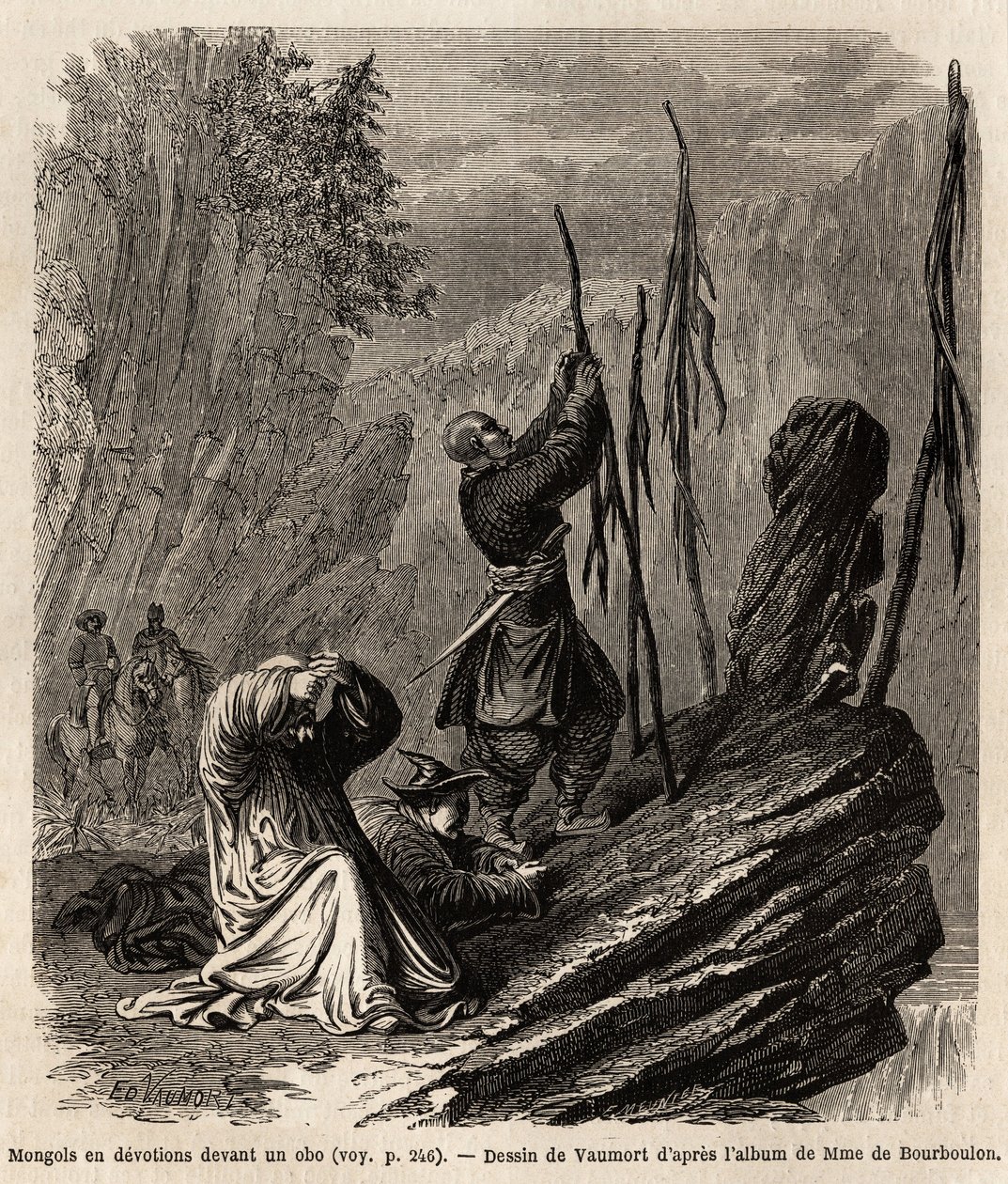 Mongoler i hängivenhet till en obo, nära bergen i Bakka och Mongoliet, teckning av Vaumort (? -1886) för att illustrera resan från Shanghai till Moskva, från 1859 till 1862, av M. de Bourboulon, fransk minister till Kina. Gravyr i "" Le tour du monde", red av Edouard Vaumort