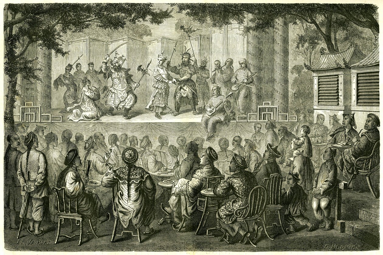 Vy över en representation av Opera de Pekin (Peking), Kina, efter reseberättelsen om Madame de Bourboulon. Gravyr efter en teckning av Vaumort, i "" Le Tour du Monde, Nouveau journal des Voyages", redigerad av Edouard Charton, Paris av Edouard Vaumort