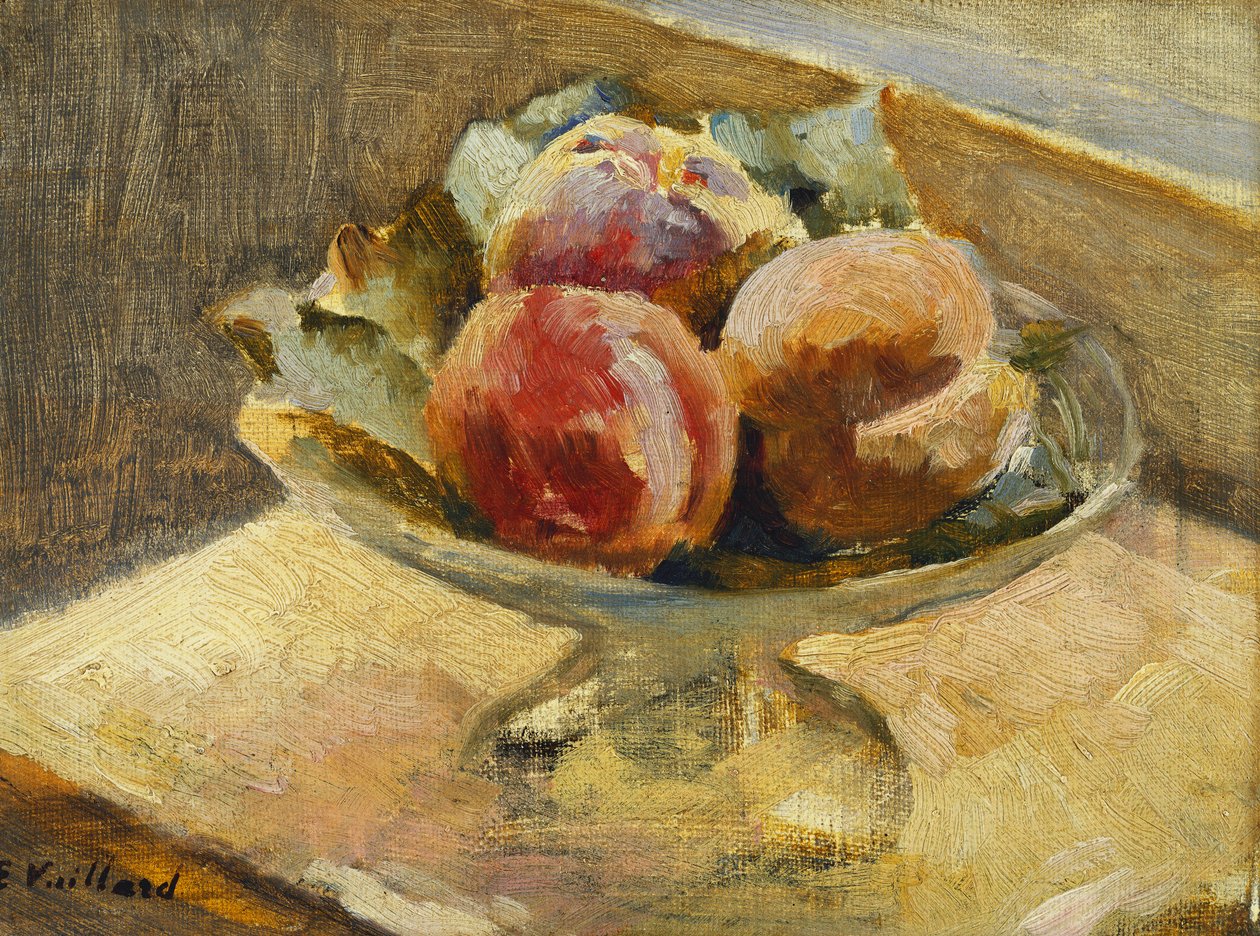 En skål med persikor; Fiskeanläggningen, c.1889 av Edouard Vuillard