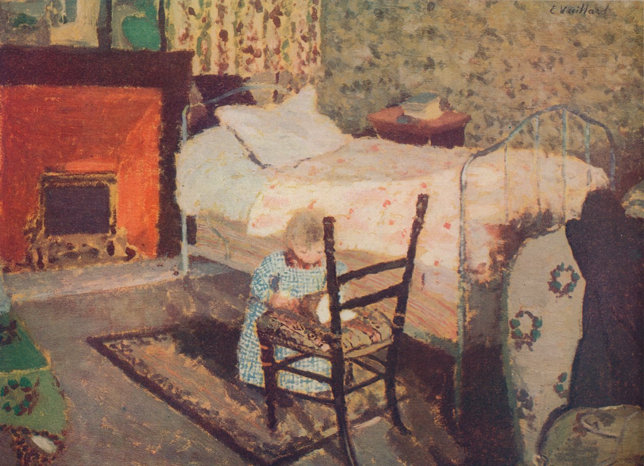 Barn som leker: Annette Roussel på framsidan av en trästol, c1900, c1932 av Edouard Vuillard