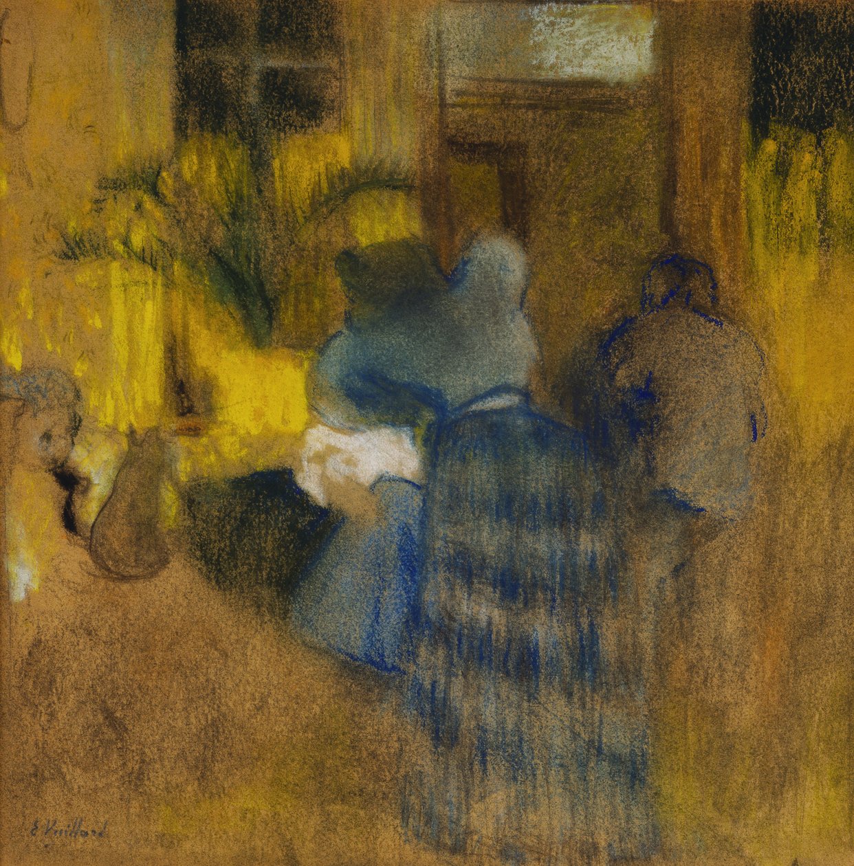 Inredning gul och blå, katt och barn av Edouard Vuillard