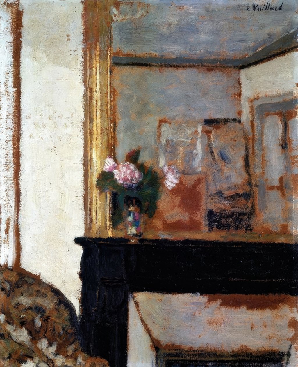 Vas med blommor på en mantel / 1900 av Edouard Vuillard