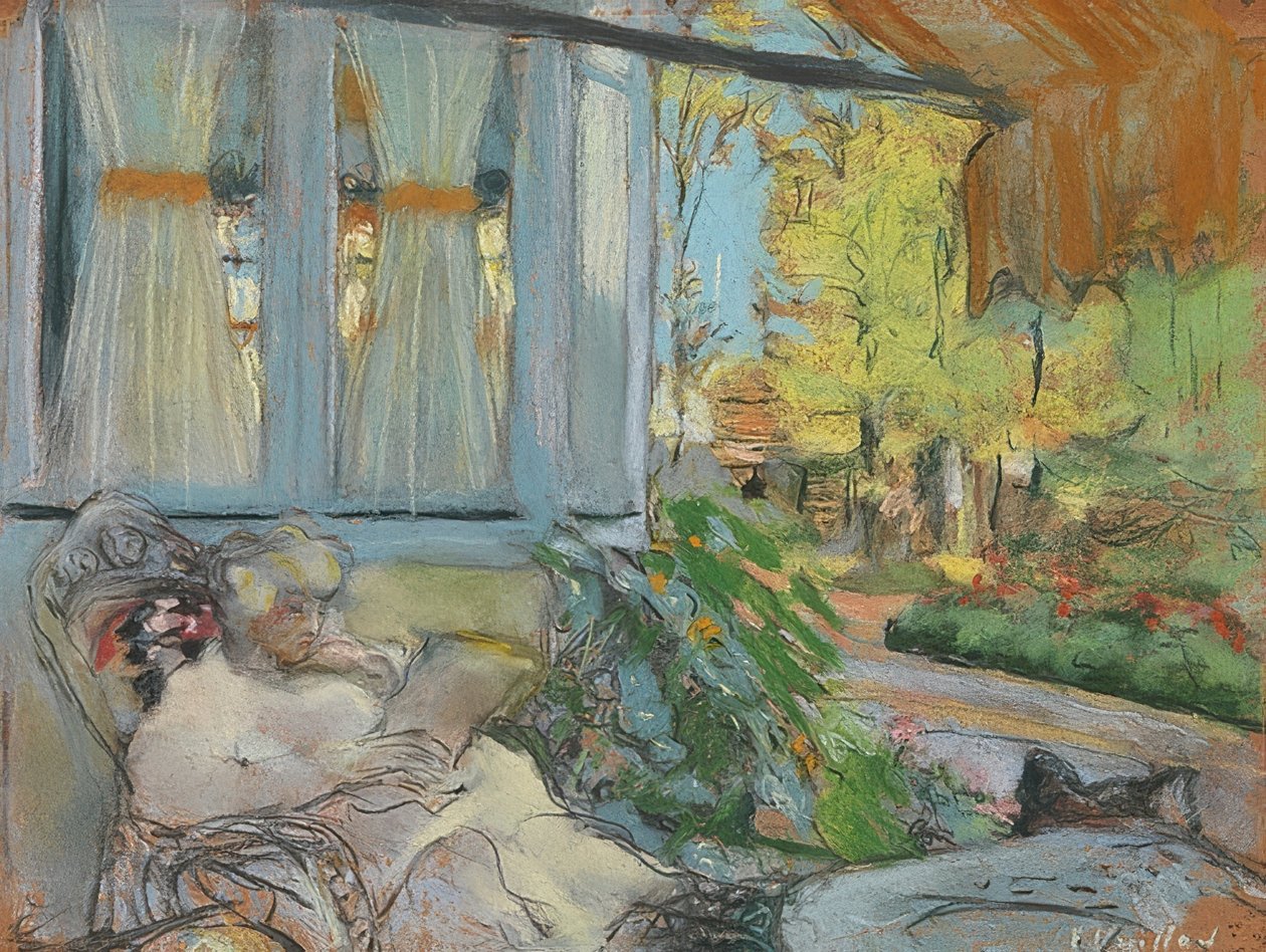 Madame Hessel auf der Terrasse lesend (Madama Hessel läser på terrassen i Clos Cézanne). Um 1920-25 av Edouard Vuillard