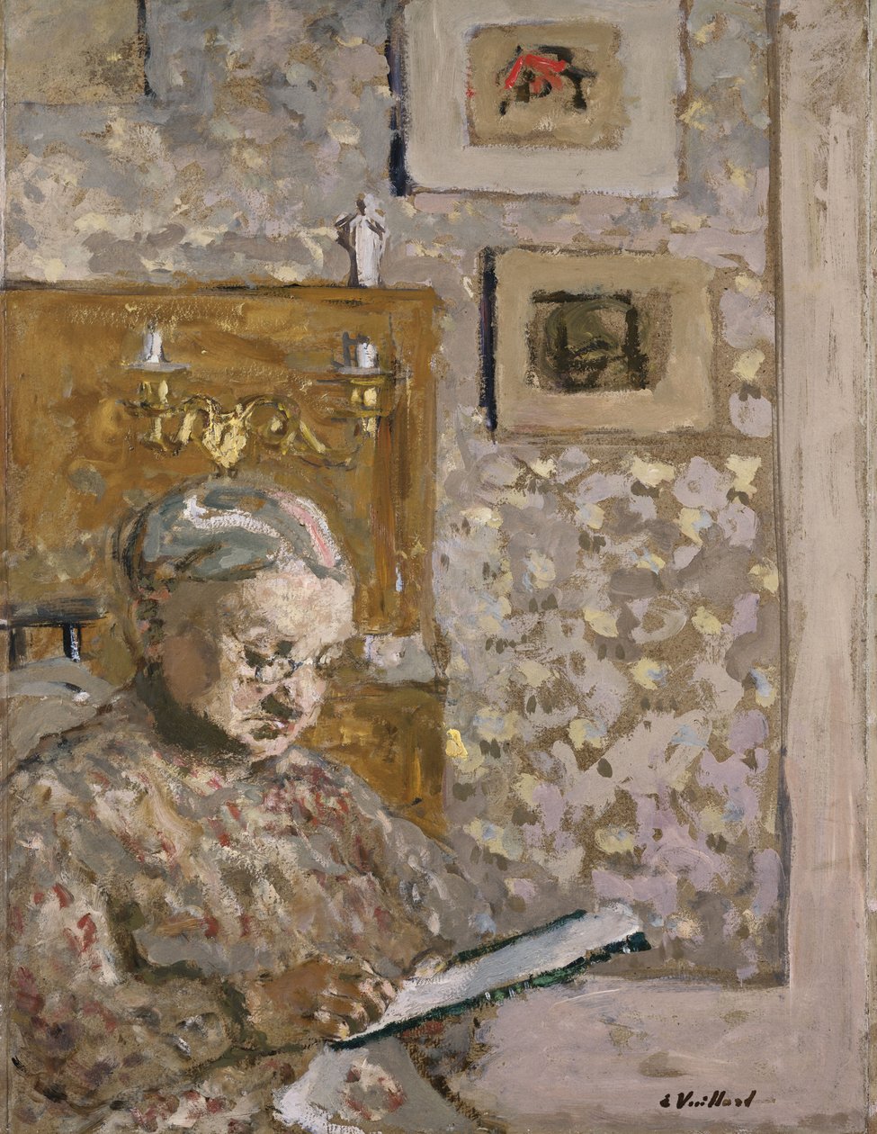 Mme Vuillard med en gobeläng, ca 1910 (olja ombord) av Edouard Vuillard