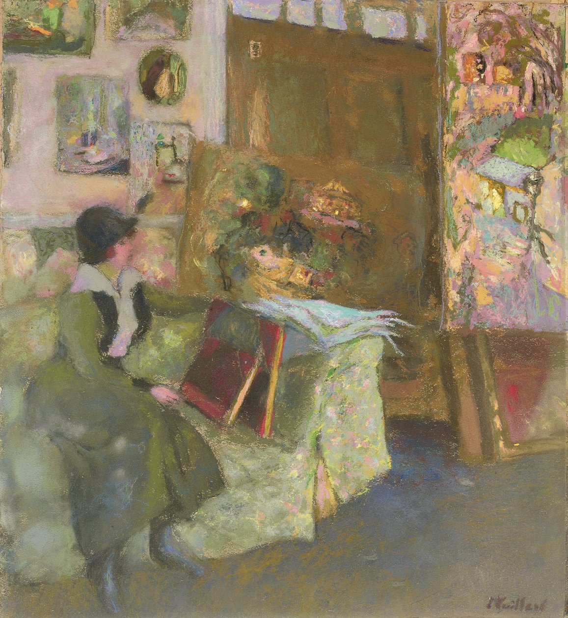 Modellera på en grön soffa; Le modele au divan vert, 1915 av Edouard Vuillard