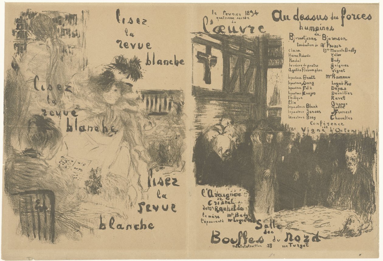 Omslagsprogramhäfte med reklam för La Revue Blanche och tillkännagivande av pjäsen Au-dessus des forces humaines Lisez la revue blanche Au-dessus des forces humaines av Edouard Vuillard
