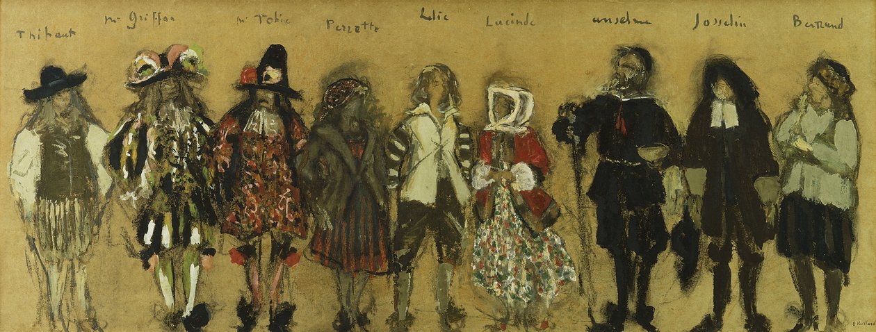 Studie för kostymer för nio skådespelare i "La Coupe Enchantee" för Jean de la Fountaine; Costume Studies for the Nine Characters of the Enchanted Cup av Jean de la Fontaine, 1918 av Edouard Vuillard