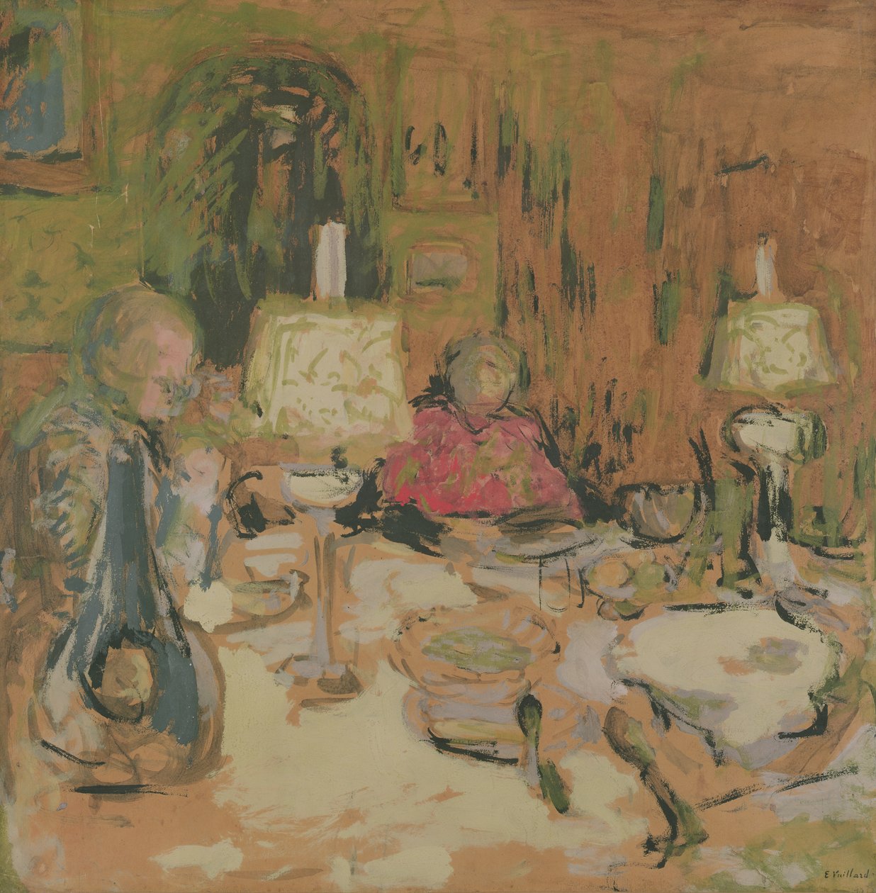 Middagen med två lampor, rue de Calais, 1913 (valpsjuka på brunt papper) av Edouard Vuillard
