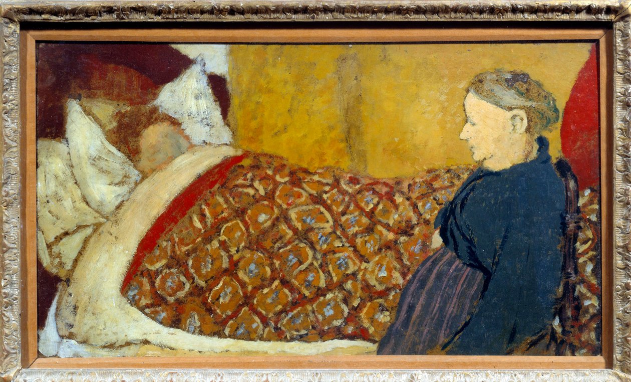 Vaggvisan En mormor sjunger en vaggvisa eller berättar en historia för ett barn att sova. Kartongmaroufl på träpanel Parqueque d"Edouard Vuillard av Edouard Vuillard
