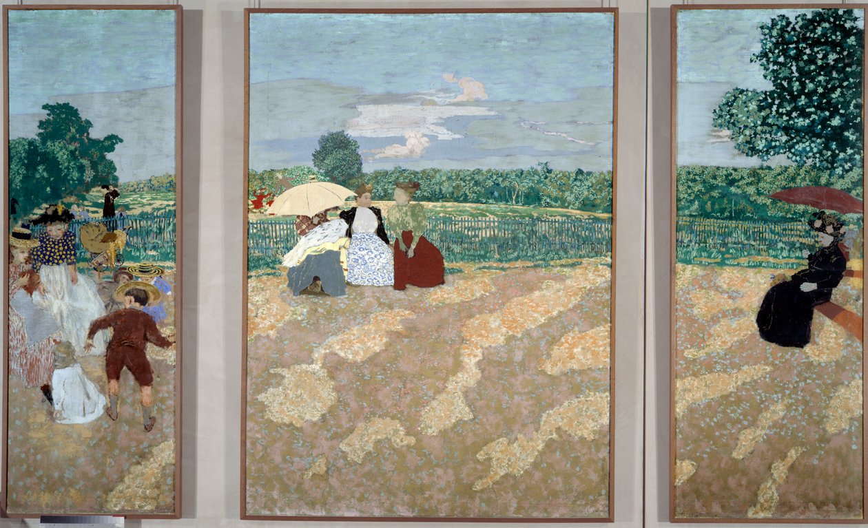 De offentliga trädgårdarna: Sjuksköterskorna, Samtalet och det röda paraplyet - Triptyk avsedd för utsmyckning av Alexandre Natansons herrgård av Edouard Vuillard