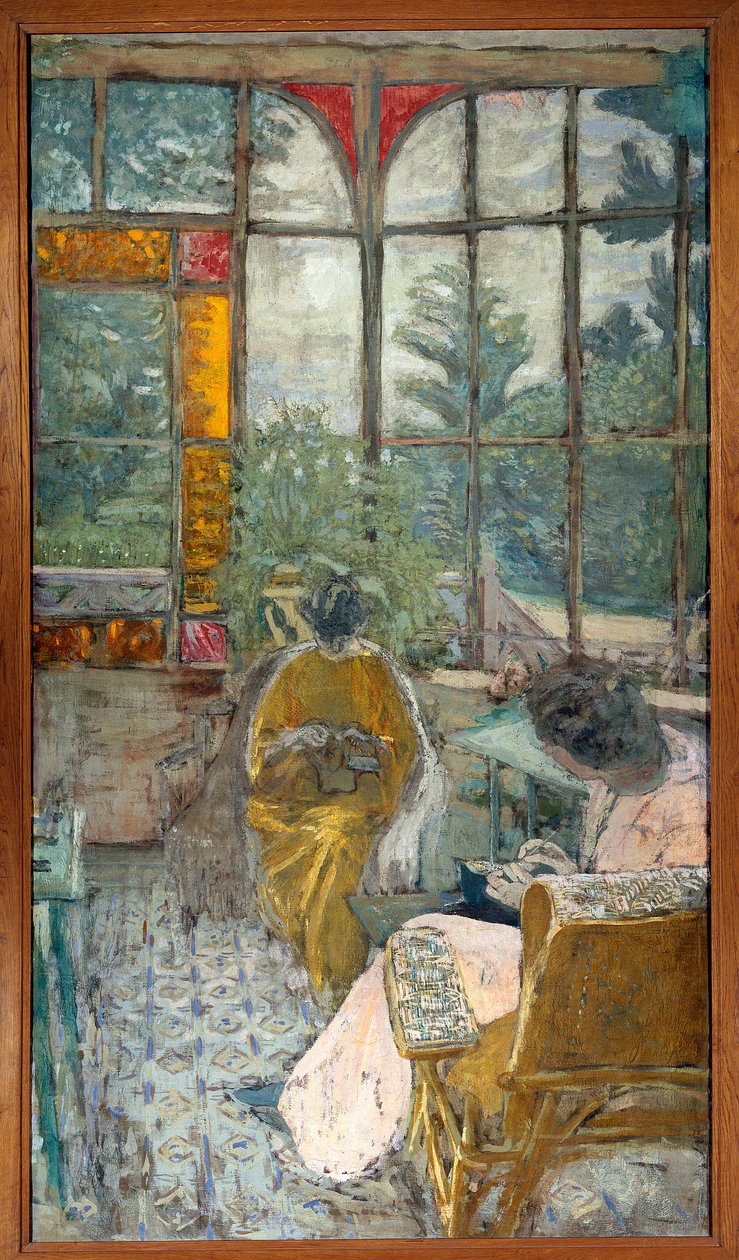 Två kvinnor broderar under en veranda. Lucie Hessel och skådespelerskan Marthe Mellot av Edouard Vuillard