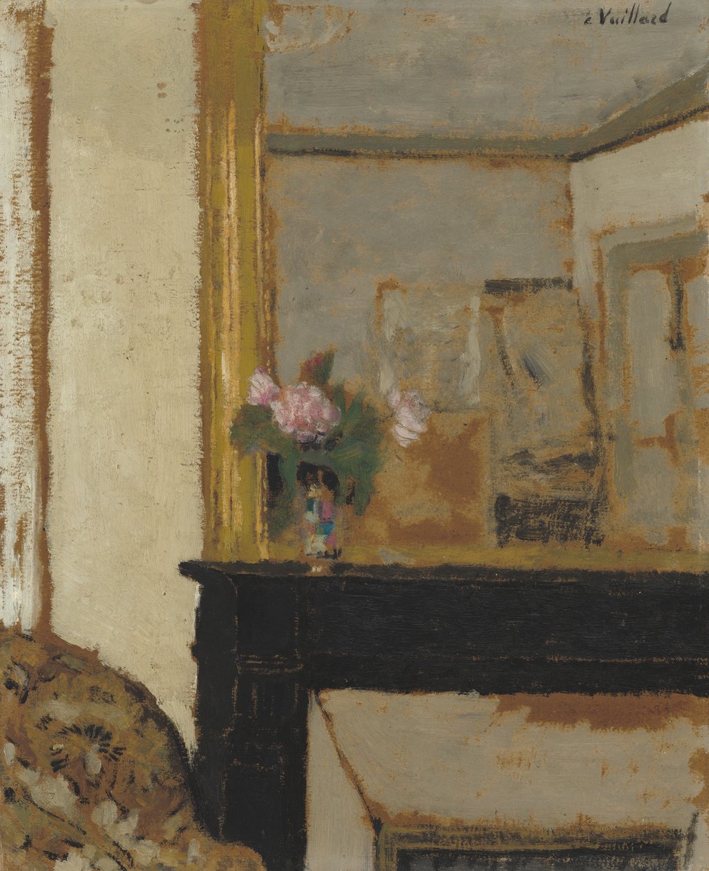 Vas med blommor på en mantel, ca 1900 (olja på kartong) av Edouard Vuillard