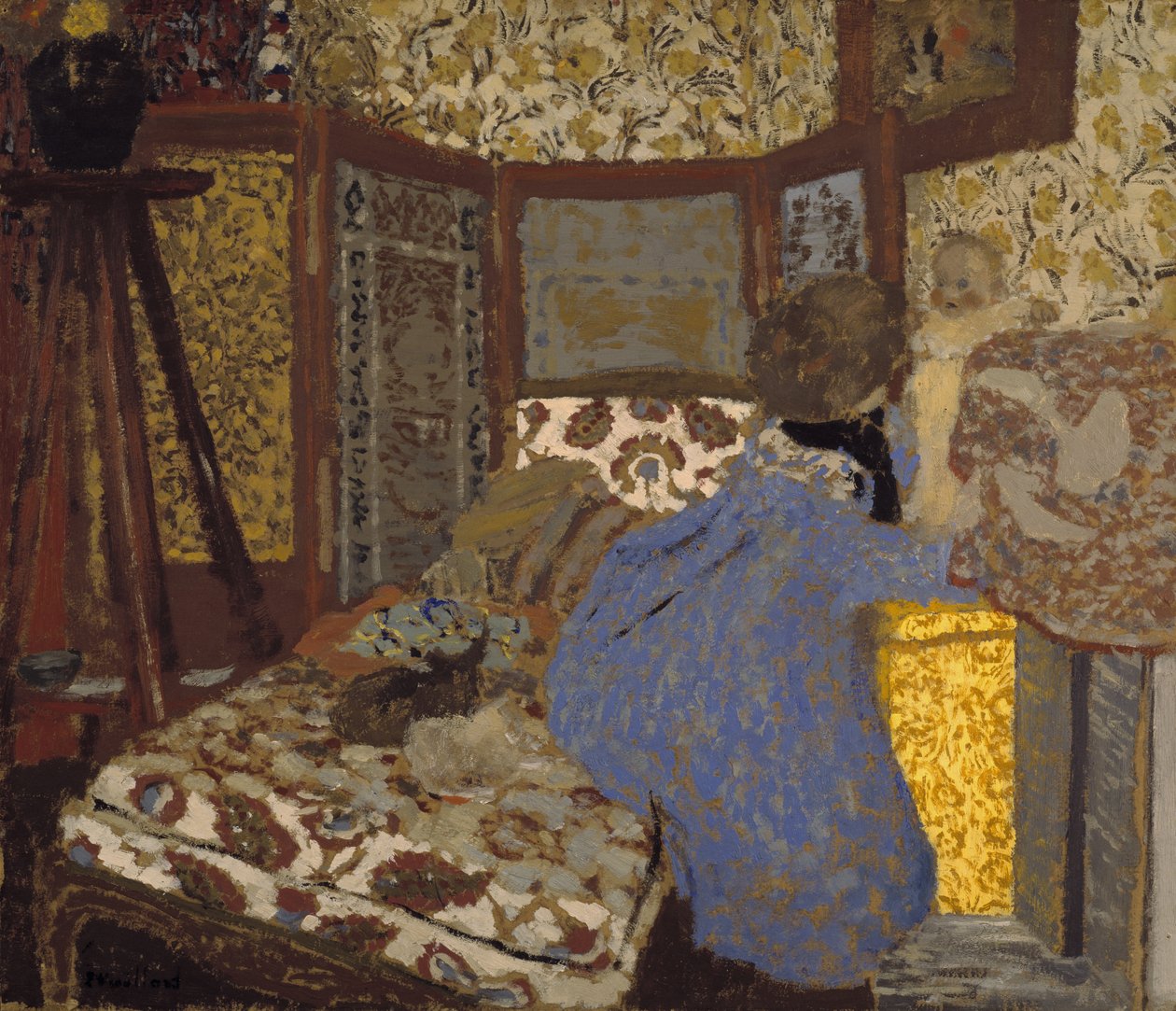 Kvinna i blått med ett barn, ca 1899 (olja på papp) av Edouard Vuillard