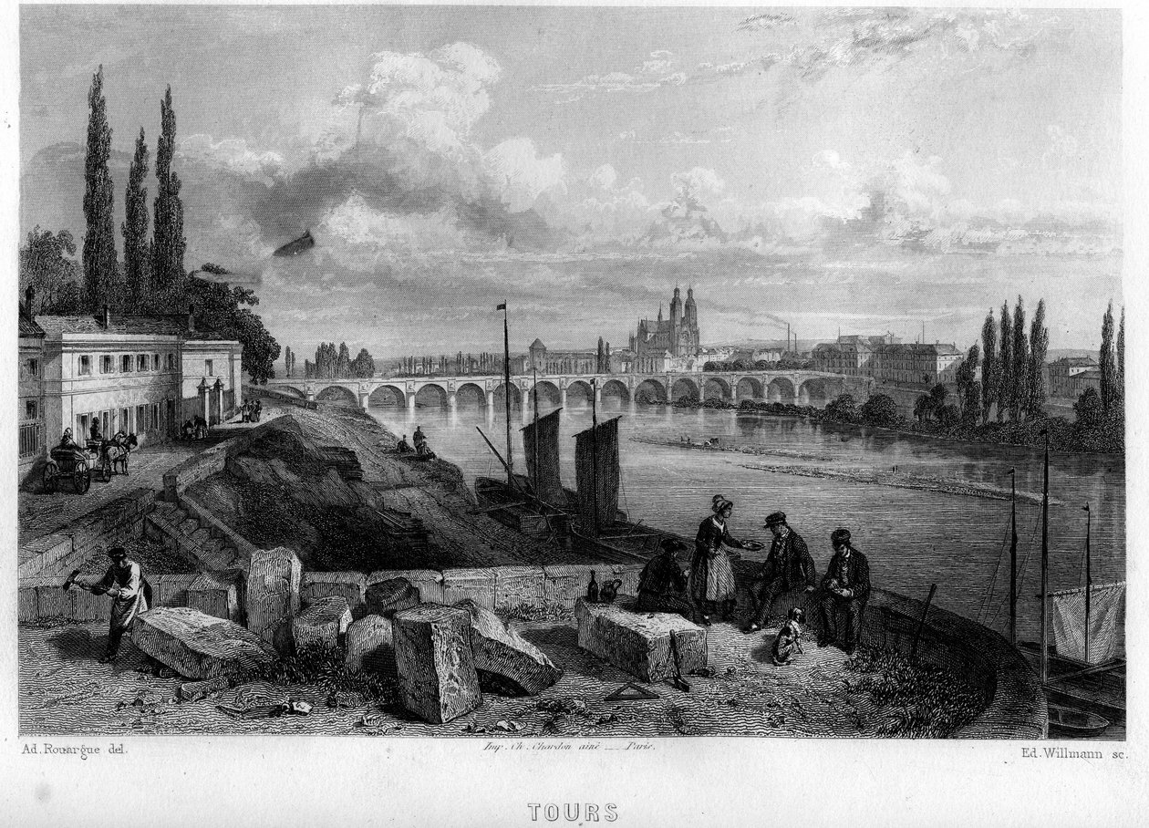 Stadsvy av Tour, Indre-et-Loire (Indre et Loire), centrum, Frankrike. Gravyr av Willmann i "Ancient and Modern France"" av Jean-Bernard Mary-Lafon (Jean Bernard Mary Lafon) av Edouard Willmann