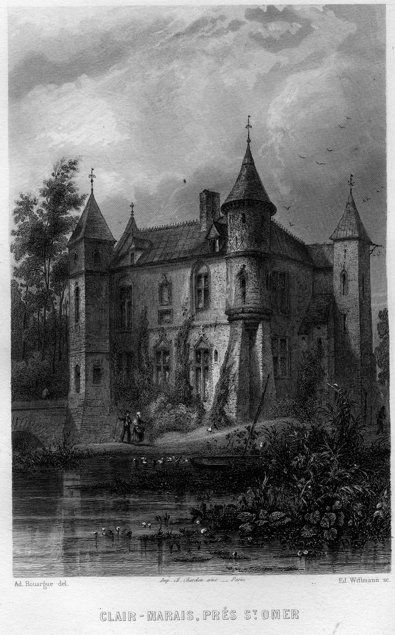 Clair-kärr (Clair-Marais eller Clairmarais) nära Saint Omer (Saint Omer), Pas-de-Calais, regionen Nord-Pas-de-Calais (Nord Pas de Calais), Frankrike. Gravyr av Willmann i "Ancient and Modern France"" av Jean-Bernard Mary-Lafon (Jean Bernard Mary Lafon) av Edouard Willmann
