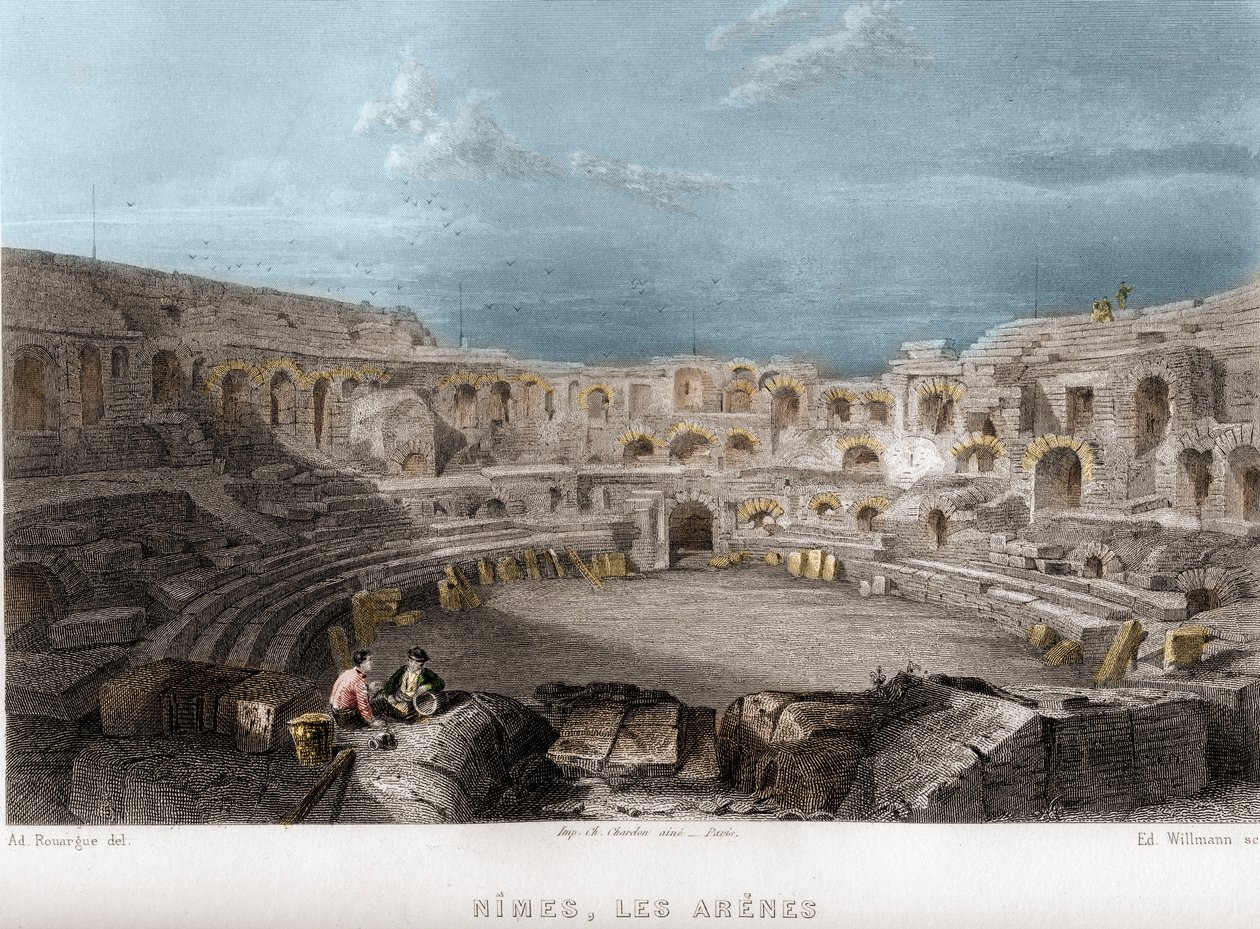 Arenarna i Nimes, Gard, Languedoc-Roussillon (Languedoc Roussillon), Frankrike. Gravyr av Willmann i "Ancient and Modern France"" av Jean-Bernard Mary-Lafon (Jean Bernard Mary Lafon) av Edouard Willmann