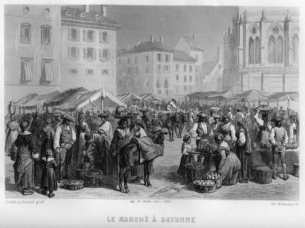 Marche i Bayonne, Pyrenees-Atlantiques (Pyrenees Atlantiques), Aquitaine, Frankrike. Gravyr av Willmann i "Ancient and Modern France"" av Jean-Bernard Mary-Lafon (Jean Bernard Mary Lafon) av Edouard Willmann