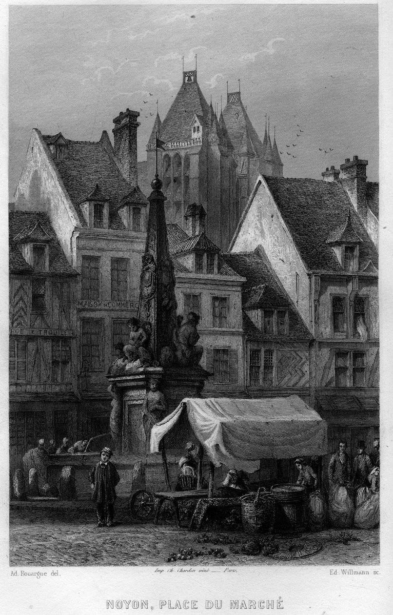 Place du Marche i staden Noyon, Oise, Picardie, Frankrike. Gravyr av Willmann i "Ancient and Modern France"" av Jean-Bernard Mary-Lafon (Jean Bernard Mary Lafon) av Edouard Willmann