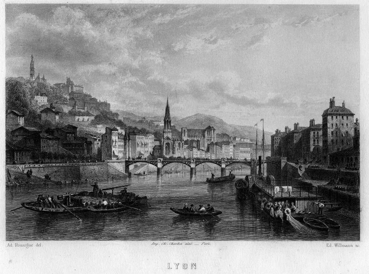 Utsikt över staden Lyon, Rhone-departementet, Rhone-Alpes-regionen, Frankrike. Gravyr av Willmann i "La France ancienne et moderne"" av Jean-Bernard Mary-Lafon (Jean Bernard Mary Lafon) av Edouard Willmann