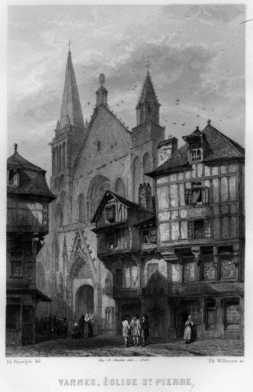 Utsikt över staden Vannes och kyrkan Saint Pierre, Morbihan, Bretagne, Frankrike. Gravyr av Willmann i "La France ancienne et moderne"" av Jean-Bernard Mary-Lafon (Jean Bernard Mary Lafon) av Edouard Willmann
