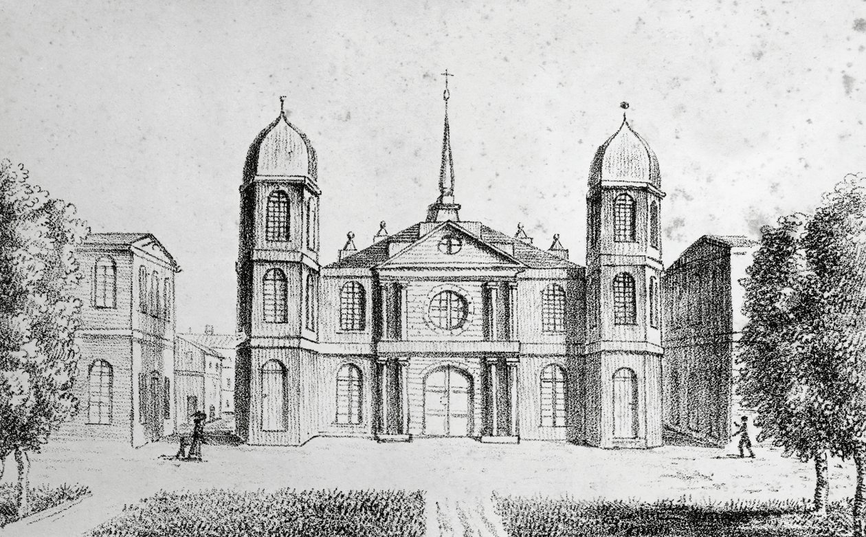 New Orleans kyrka, USA, litografi av Edouard de Montule (1792-1828) från Voyage to America, Italien, Sicilien och Egypten av Edouard de Montule