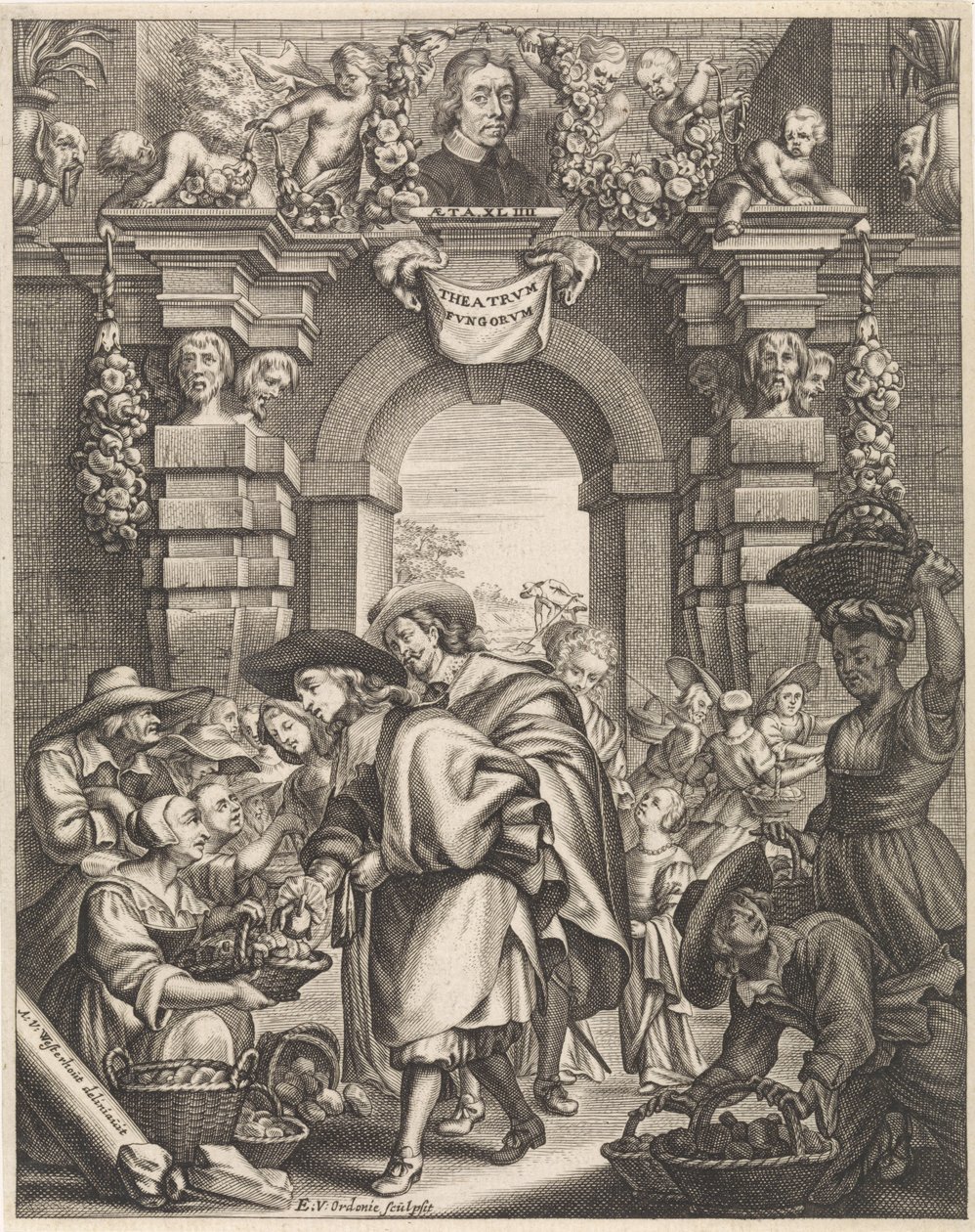 Två herrar köper svamp på marknaden Titelillustration för: F. van Sterbeeck, Theatrum Fungorum or the tooneel der Campernoelien, 1675 av Edouard van Ordonie