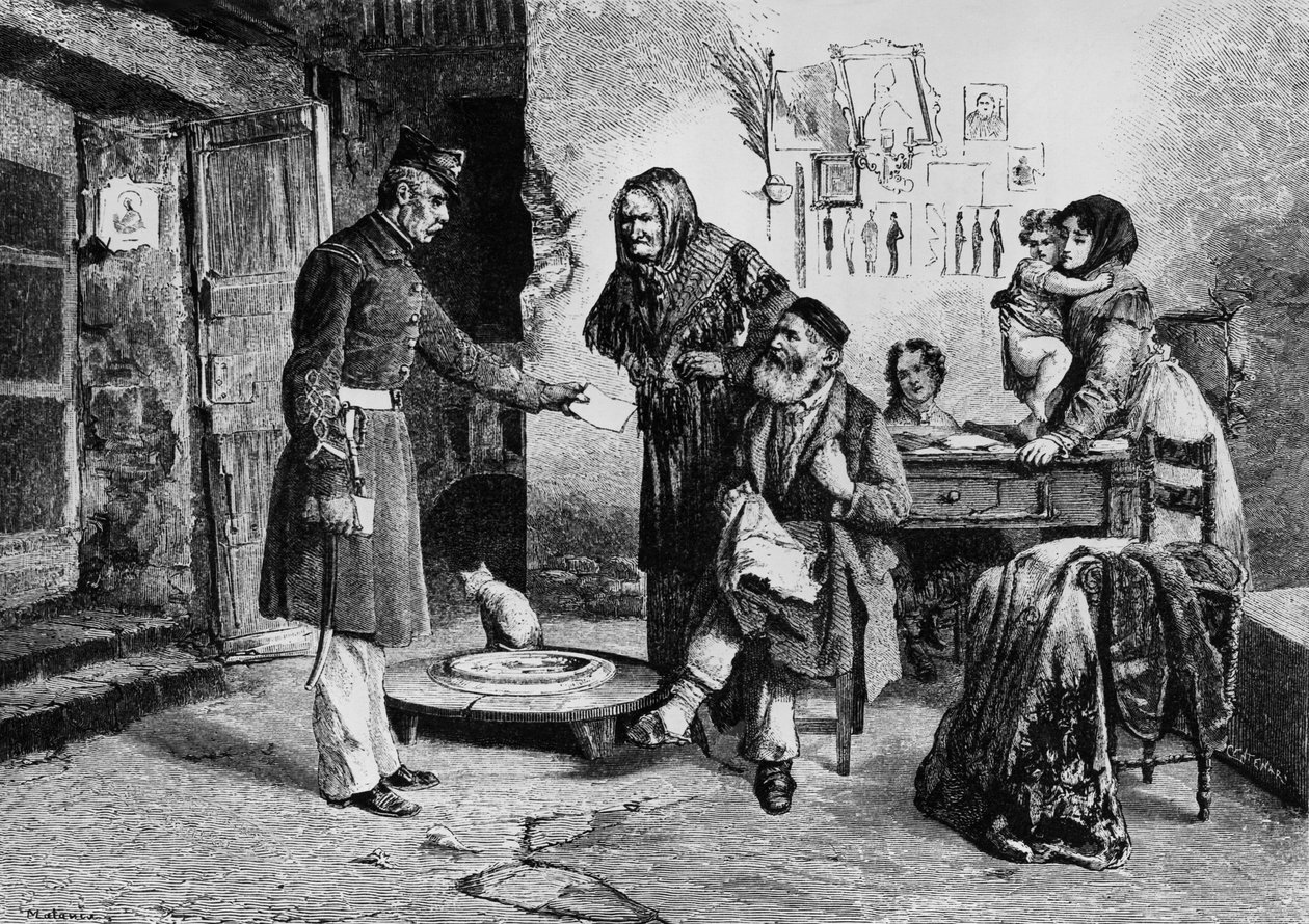 Rörlig rikedom, tjänsteman som levererar domstolsbeslut till skräddare som lever i misär, Italien, gravyr från teckning av Edoardo Matania (1847-1929), från L