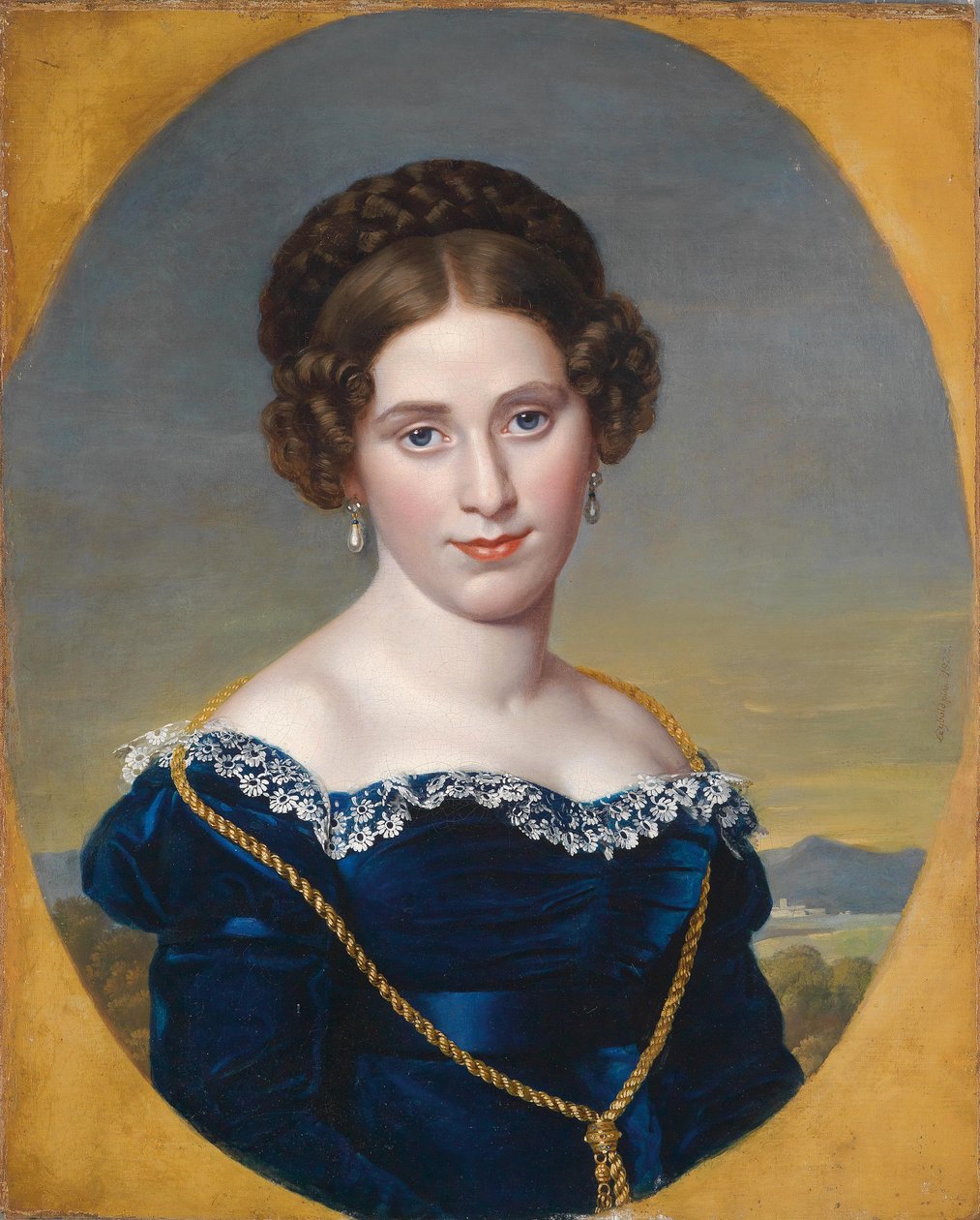 Porträt einer jungen Frau / Bildnis einer Dame vor Landschaftshintergrund av Eduard Friedrich Leybold