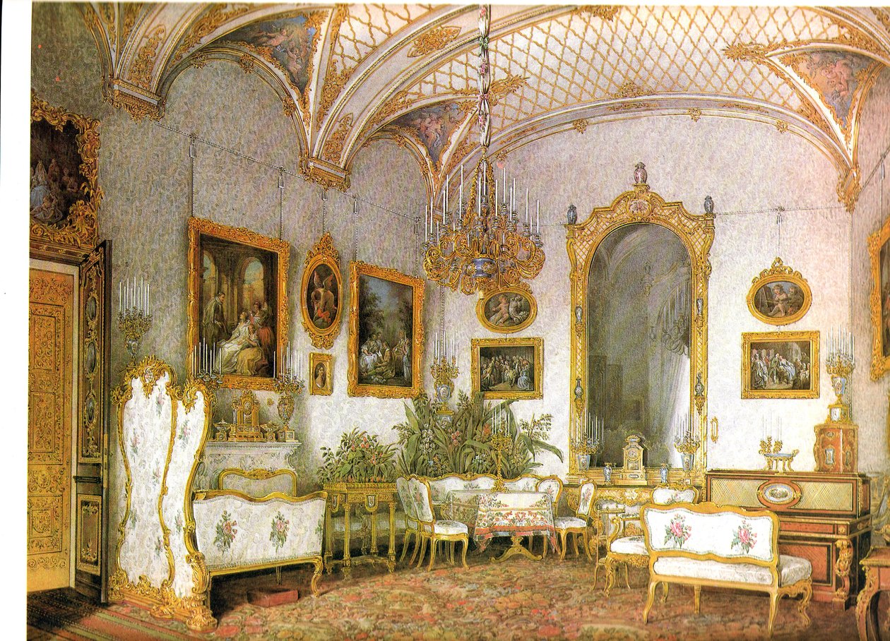 Vinterpalatsets interiör. Den vita salongen i nordvästra risoliten (Alexandra Fedorovnas svit). av Eduard Hau