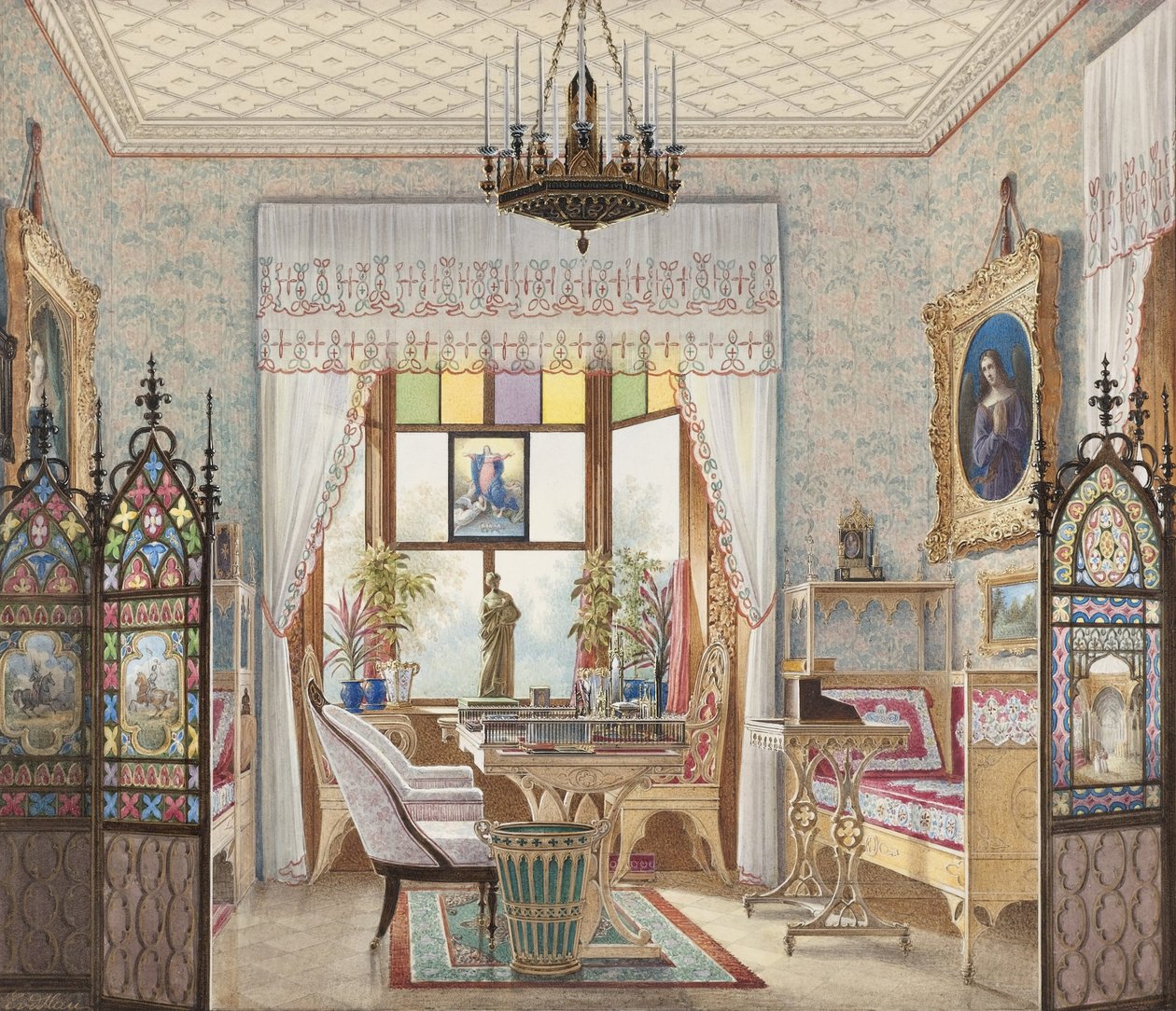 Kejsarinnan Alexandra Feodorovnas vardagsrum, stugpalatset, Sankt Petersburg, Ryssland av Eduard Hau