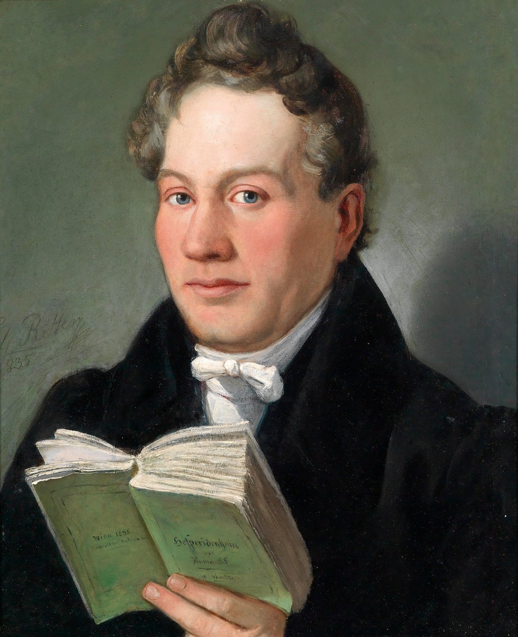 Porträtt av den wienske författaren Christoph Kuffner (1777–1846) med sin bok Hesperidenhain der Romantik av Eduard Ritter