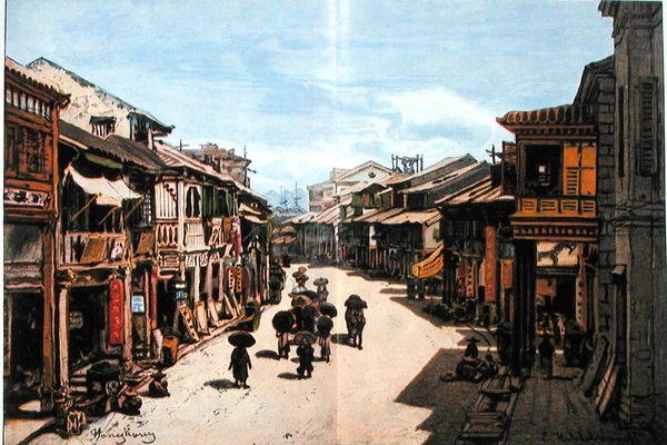 En gata i Hong Kong i mitten av artonhundratalet (färg litho) av Eduard (after) Hildebrandt