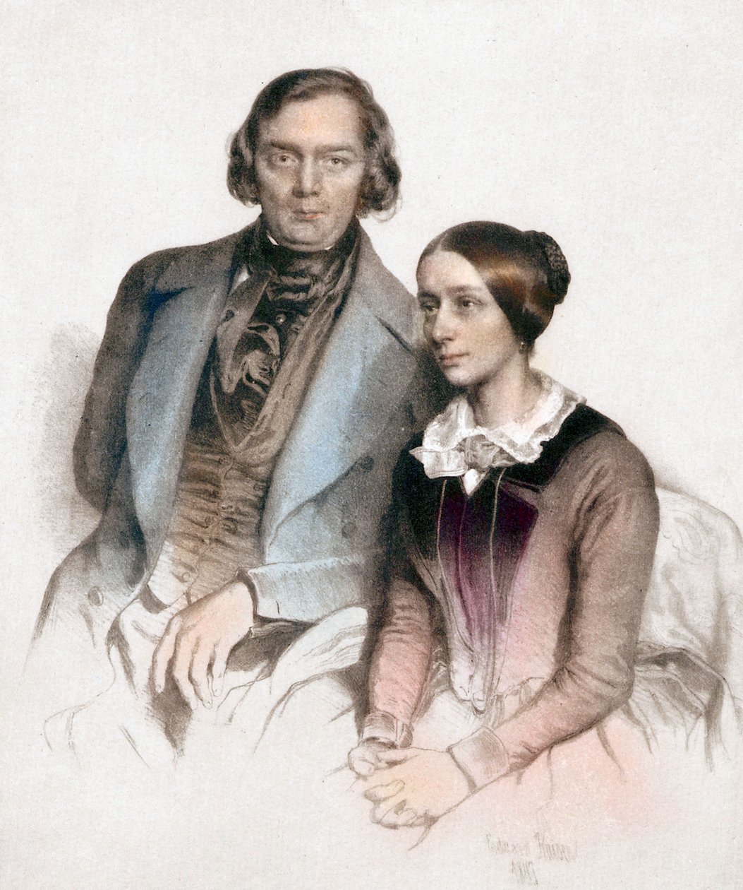 Robert och Clara Schumann (färggravyr) av Eduard (after) Kaiser