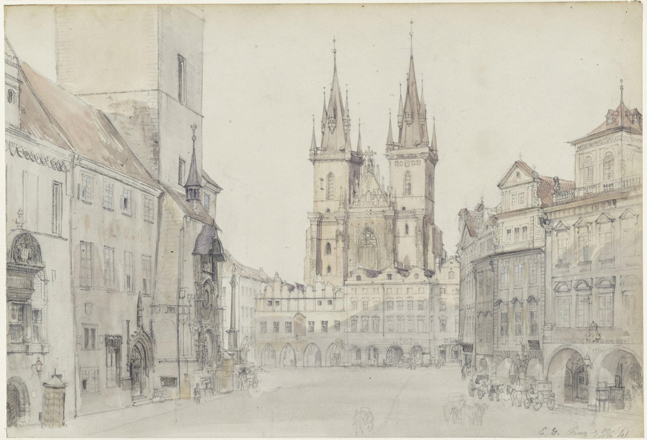 Týnkyrkan och rådhuset i Prag av Eduard Gaertner