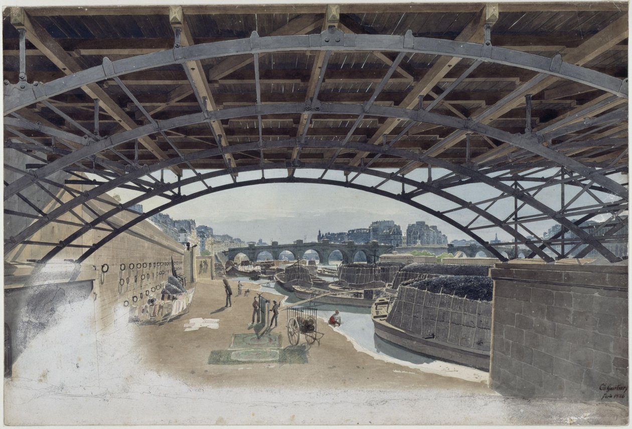 Under Pont des Arts med utsikt över Pont Neuf och ön i Seine i Paris av Eduard Gaertner