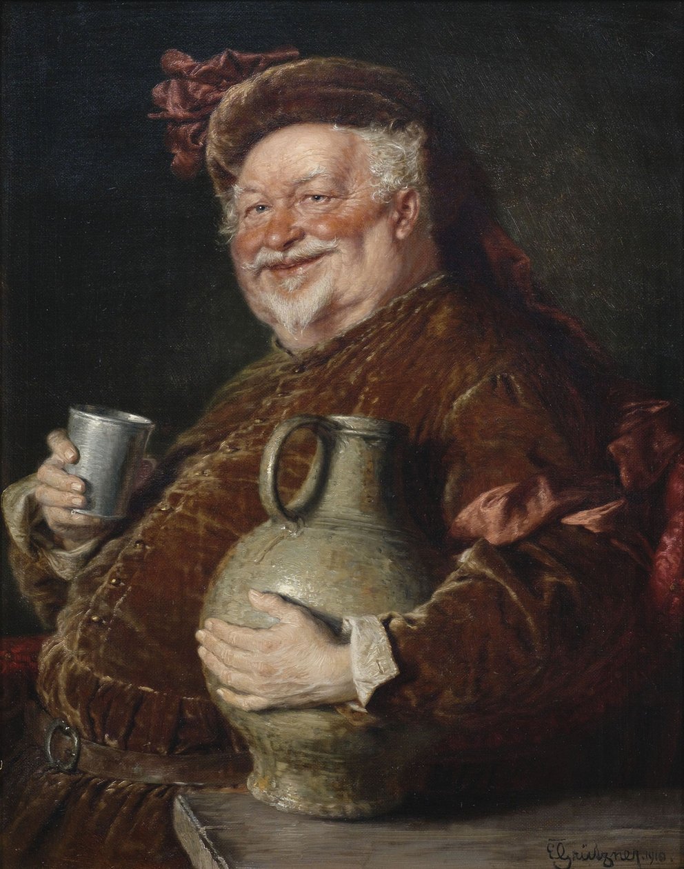Falstaff med en tankard av vin och plåtbägare, 1910 av Eduard Gruetzner von