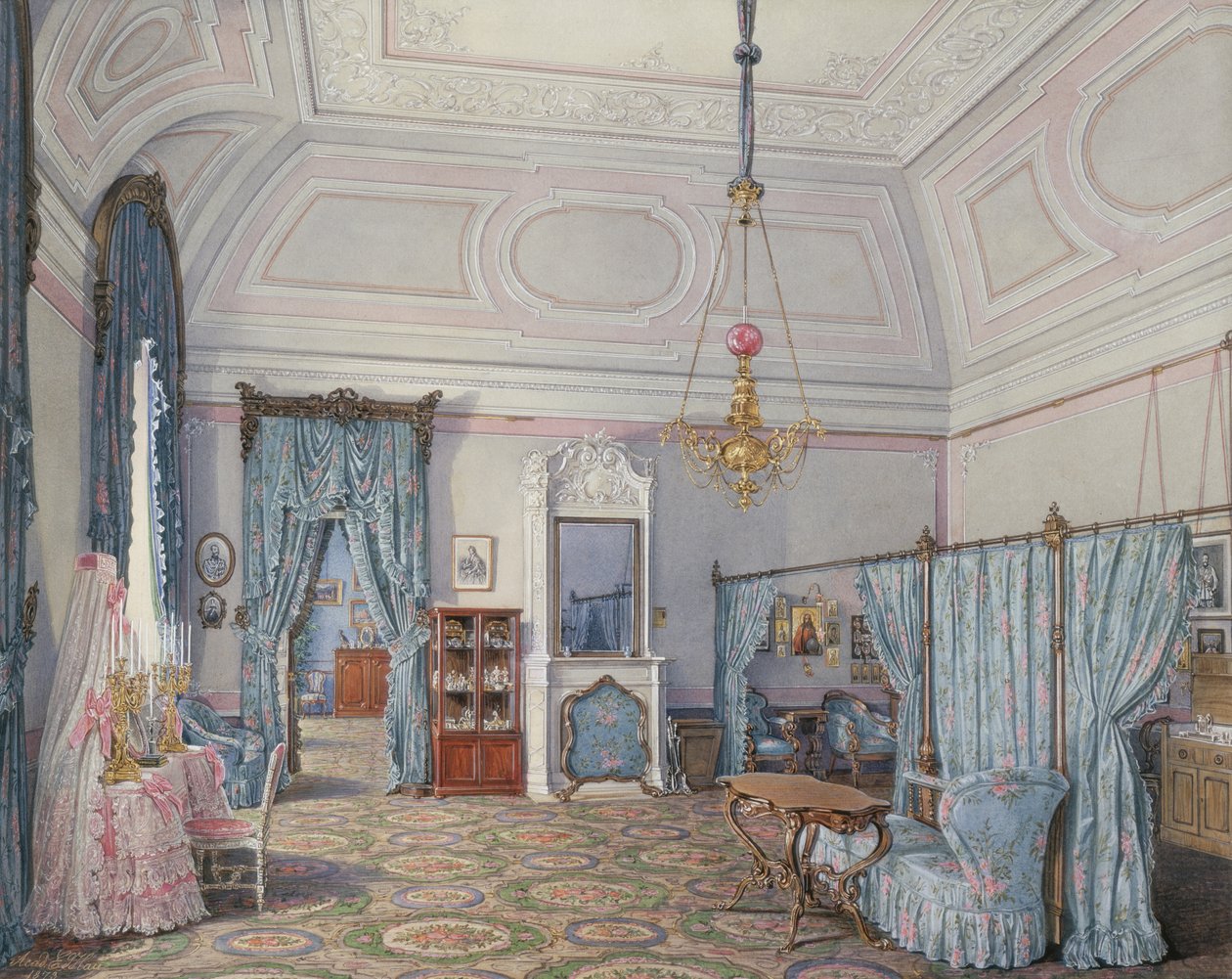 Interiörer av Vinterpalatset. Den femte reserverade lägenheten. Storprinsessan Maria Alexandrovnas sovrum, 1873 av Eduard Hau