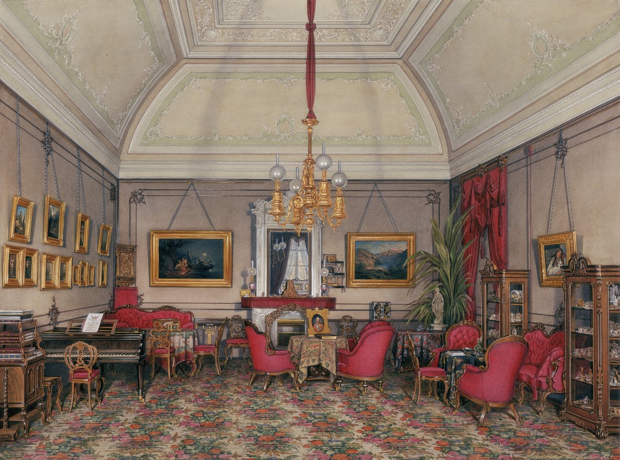 Interiörer av Vinterpalatset. Den femte reserverade lägenheten. Storprinsessan Maria Alexandrovnas salong, 1874 av Eduard Hau