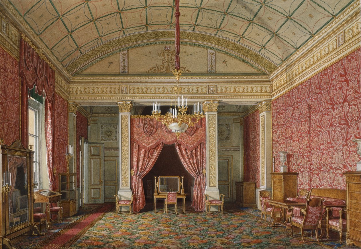 Interiörer av Vinterpalatset. Den första reserverade lägenheten. Storprinsessan Maria Nikolajevnas sovrum, 1867 av Eduard Hau