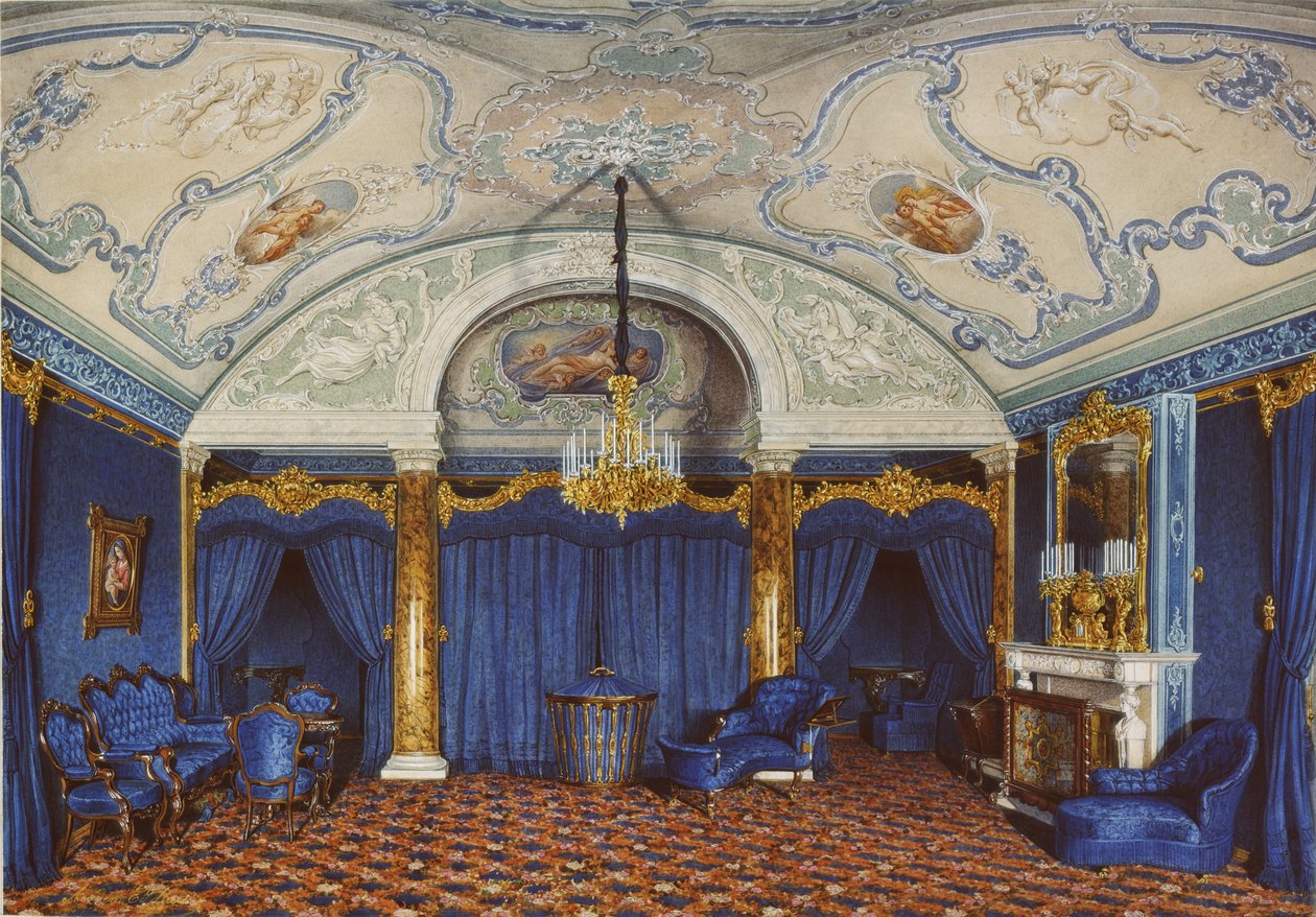 Interiörer av Vinterpalatset. Den fjärde reserverade lägenheten. Ett sovrum, 1868 av Eduard Hau
