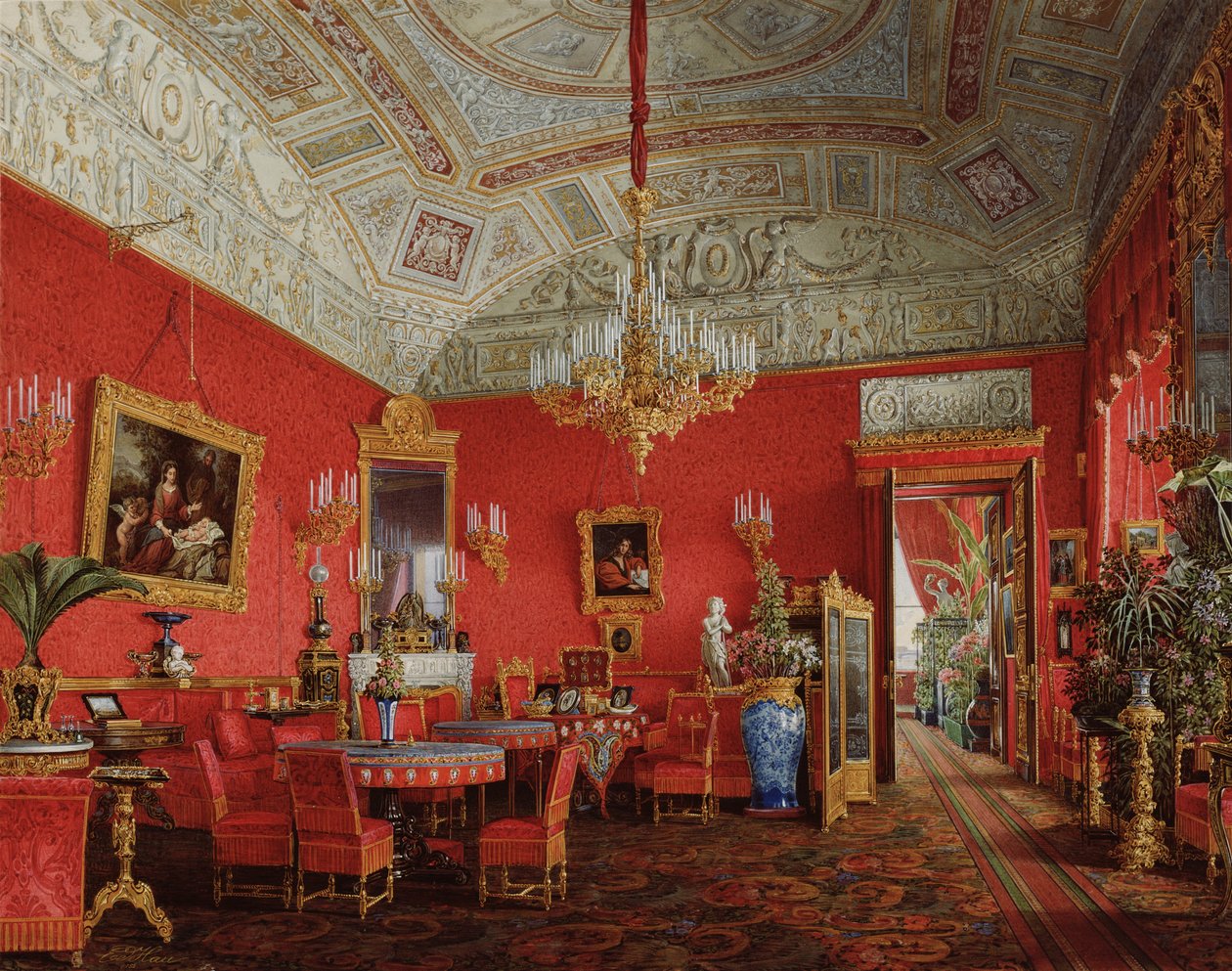 Interiörer av Vinterpalatset. Kejsarinnan Alexandra Fyodorovnas stora salong, 1858 av Eduard Hau