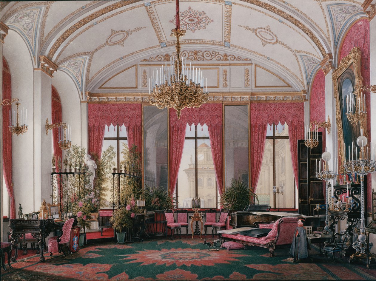 Interiörer av Vinterpalatset. Kejsarinnan Maria Alexandrovnas hallonstudie, 1860-talet av Eduard Hau