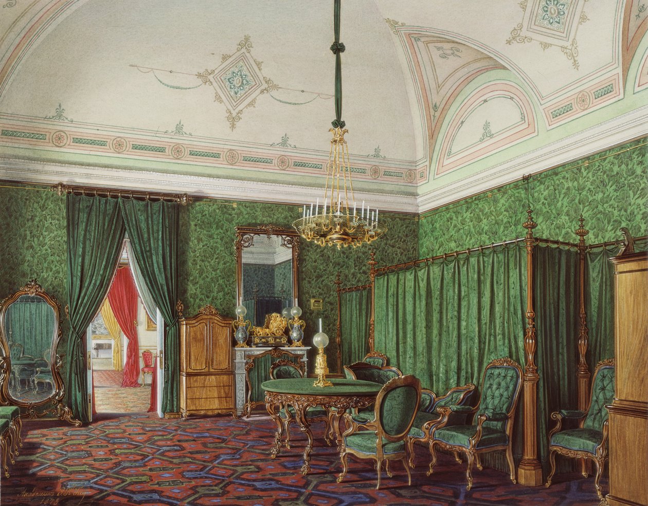 Interiörer av Vinterpalatset. Den tredje reserverade lägenheten. Ett sovrum, 1873 av Eduard Hau